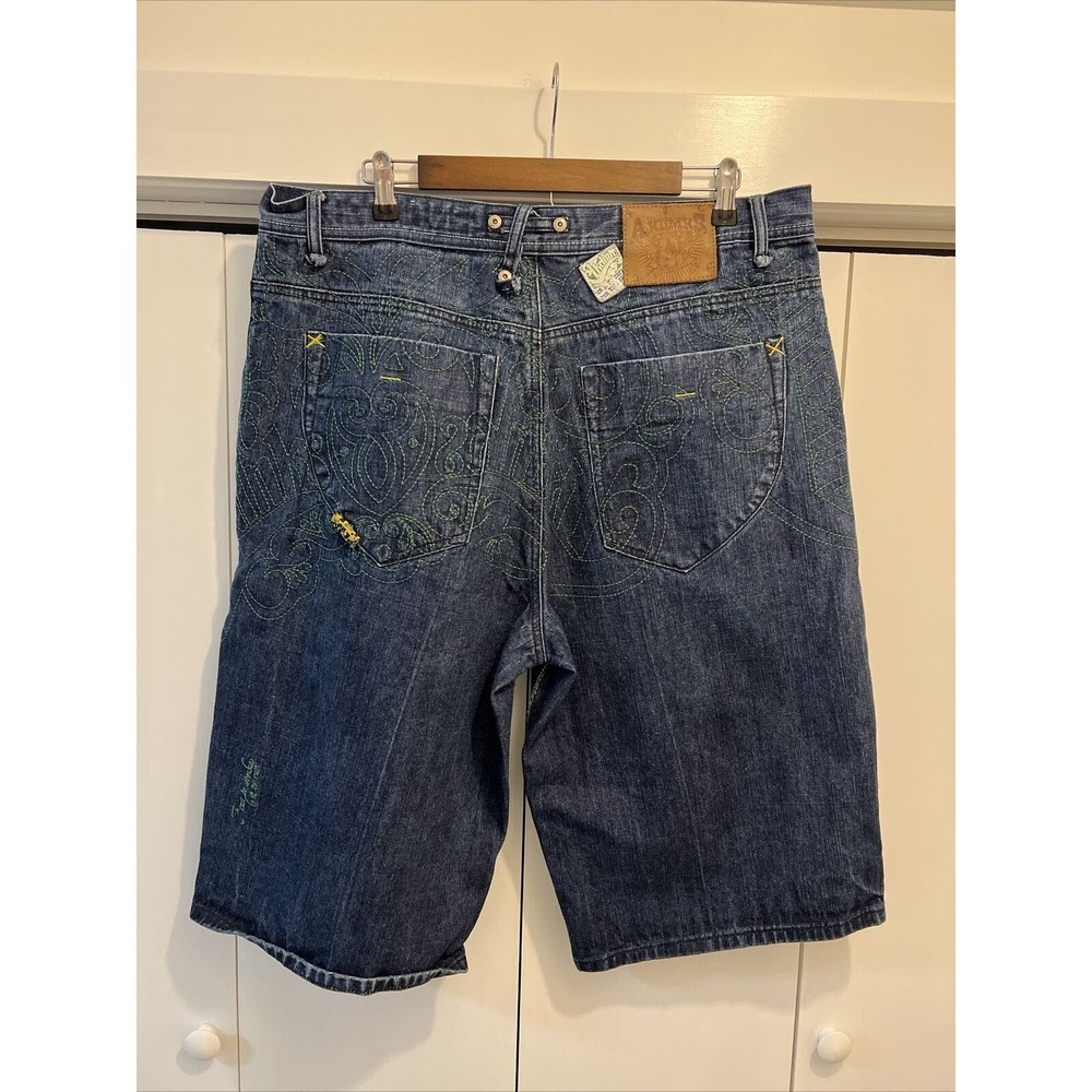 AKADEMIKS Urban Hip Hop Baggy Denim Shorts Men Sz 38x15.5 Dark Blue Rinse Wash‎